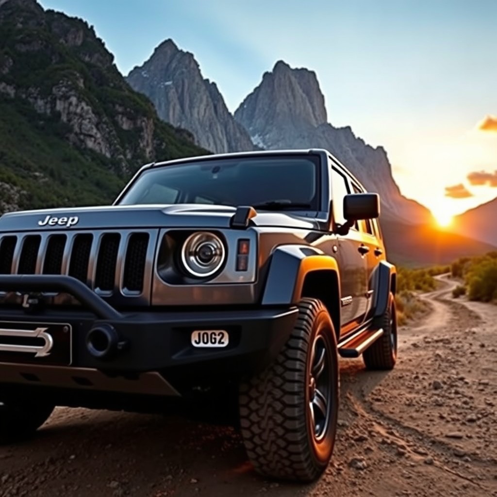 A rugged Jeep Land Rover parked in a scenic natural landscape, surrounded by towering mountains and lush greenery