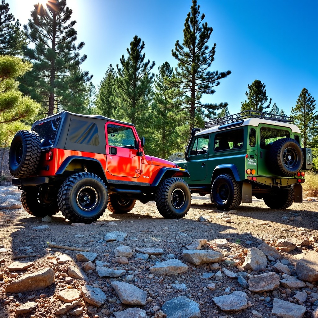 A classic 1995 Jeep YJ parked next to a Land Rover Defender in a picturesque outdoor setting