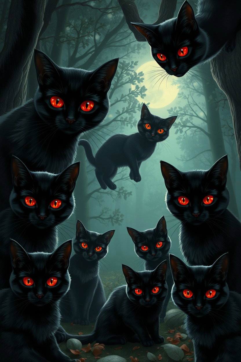 A stunning collection of black cats with striking red eyes, each exhibiting unique expressions and postures