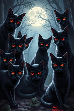 A stunning collection of black cats with striking red eyes, each exhibiting unique expressions and postures