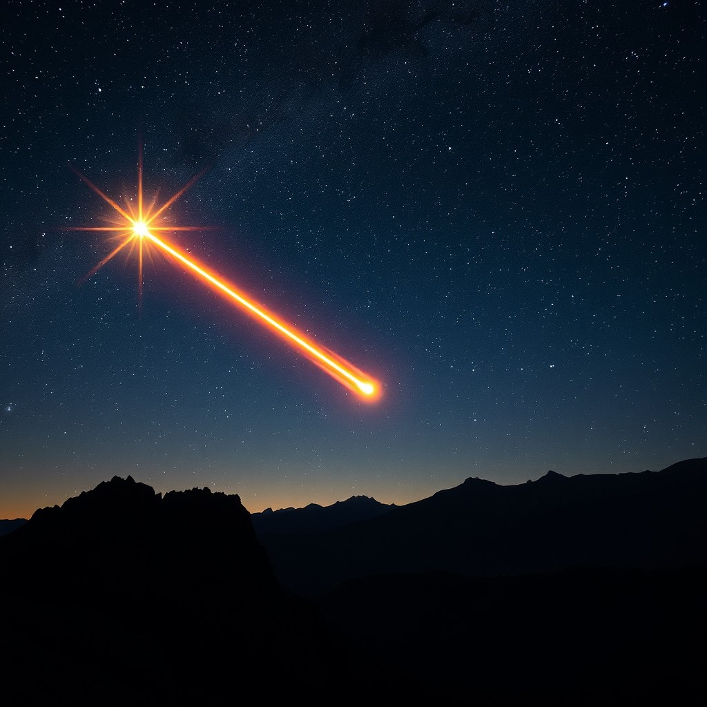 A breathtaking view of a bright meteor streaking across a starry night sky, leaving a vibrant trail of light behind it