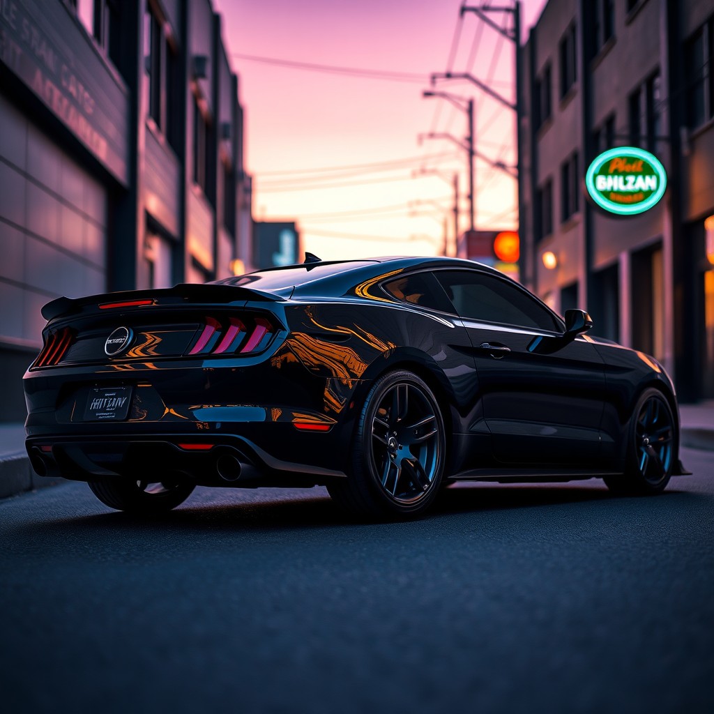 A sleek black Mustang Camaro parked on a narrow street at dusk, with glimmering city lights reflecting off its polished body