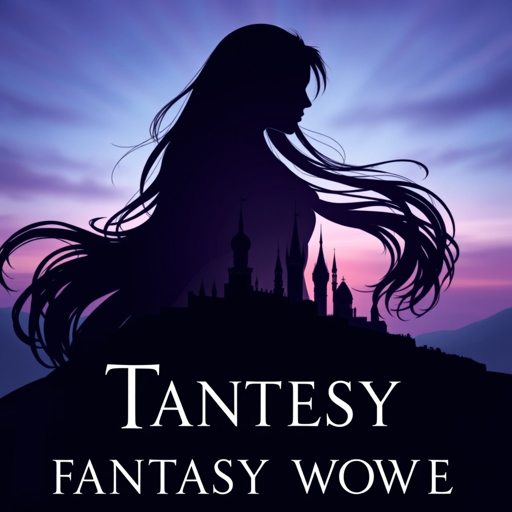 A captivating fantasy novel cover featuring the silhouette of a woman with long, flowing hair