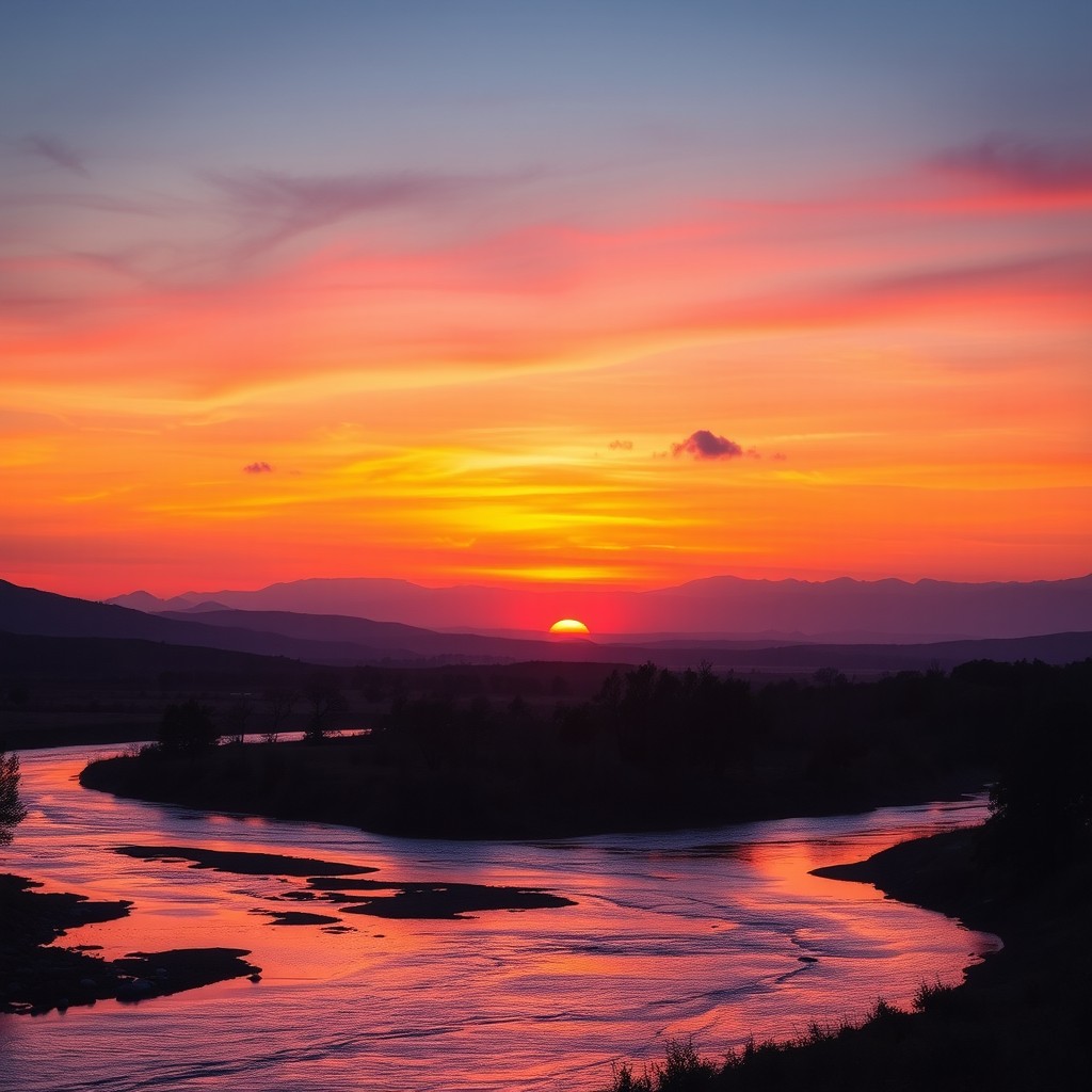 A serene landscape featuring a picturesque sunset over rolling hills, with vibrant colors of orange, pink, and purple blending into the sky