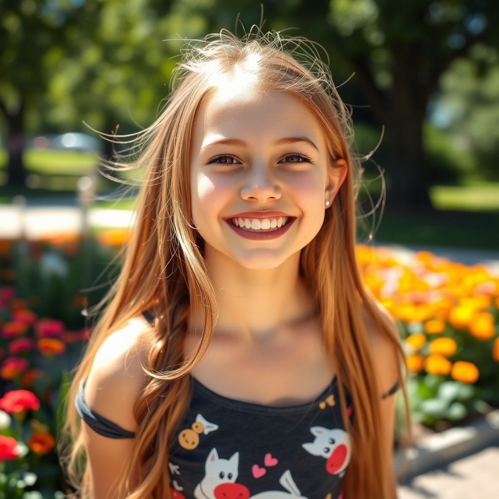 A cheerful teenage girl with a cute smile, bright and playful expression, wearing a trendy outfit that reflects her youthful spirit