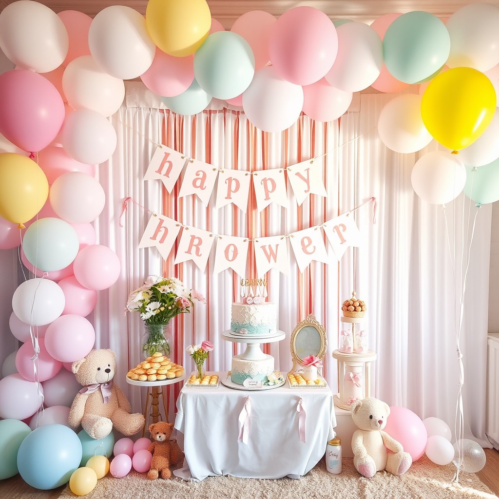 A delightful and whimsical baby shower scene featuring colorful decorations like pastel balloons, cute banners, and a beautifully adorned table with a cake and various treats