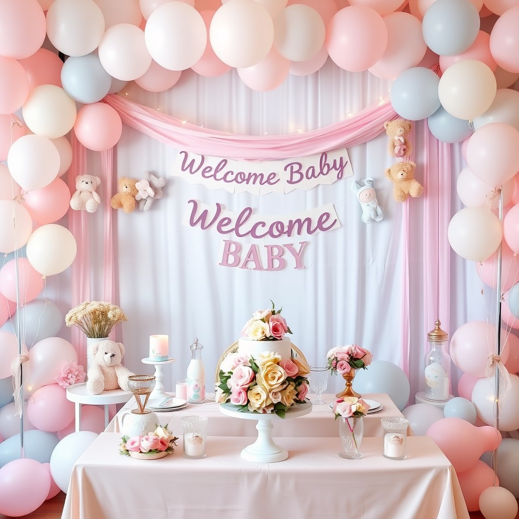 A beautiful and festive baby shower background, featuring pastel colors like soft pink, light blue, and lavender