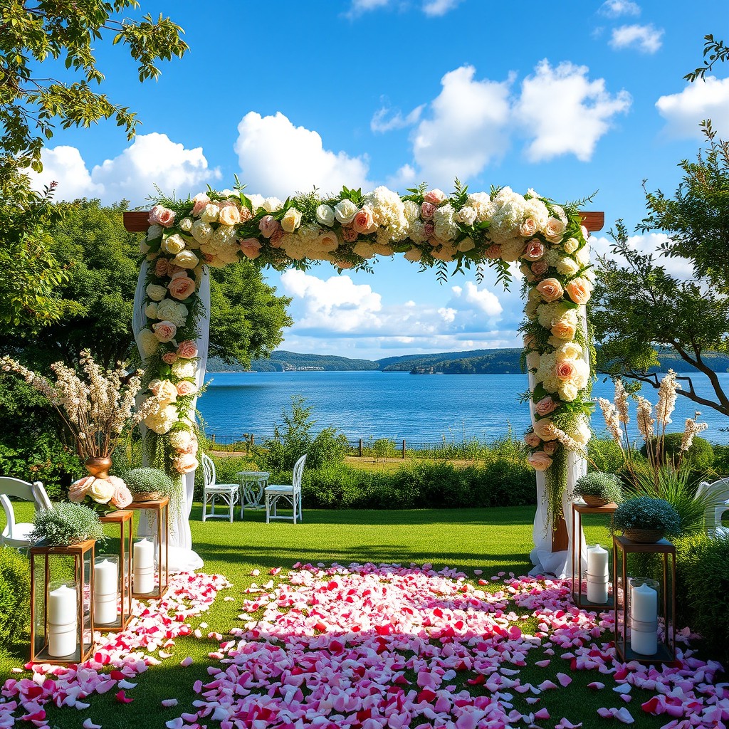 A stunning wedding background featuring a picturesque outdoor setting with a beautifully decorated wooden arch adorned with white and blush pink flowers