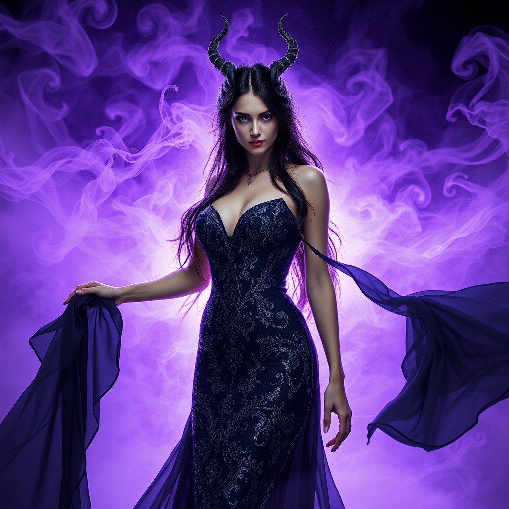 Lilith, the dark goddess, elegantly adorned in a flowing black gown, surrounded by an enchanting purple atmosphere