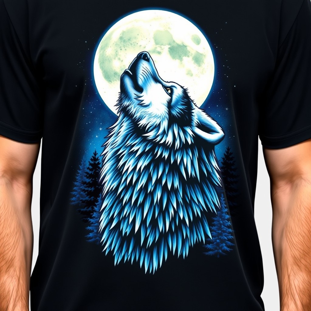 A custom designed t-shirt featuring a vibrant graphic of a majestic wolf howling at a full moon, surrounded by a starry night sky