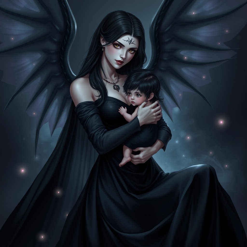 A captivating illustration of Lilith, the dark goddess, depicted in a black gown similar to the first image, holding her child Armilus in her arms
