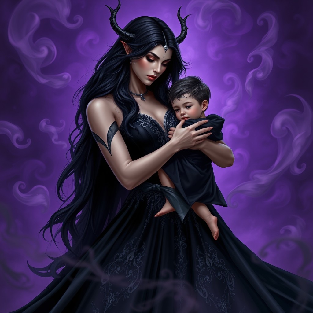 Lilith, the dark goddess, elegantly adorned in a flowing black gown, now holding her son in a tender embrace