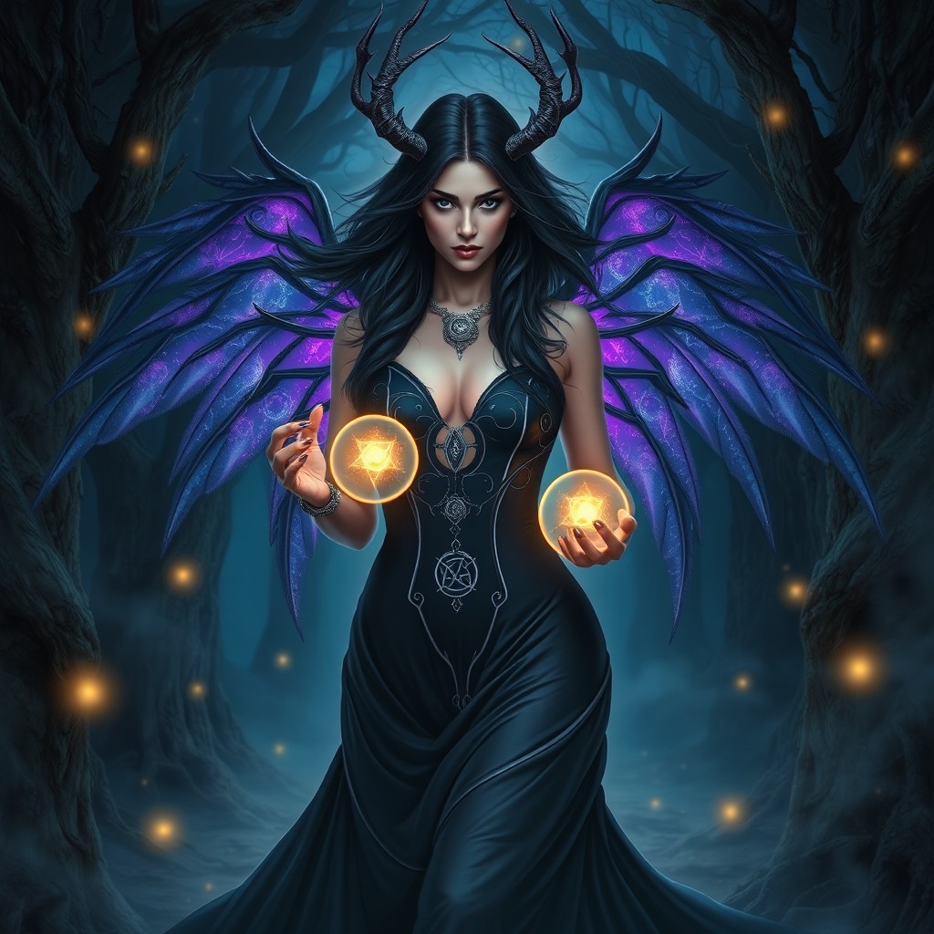 A stunning depiction of Lilith, the dark goddess, surrounded by an enchanting forest at twilight