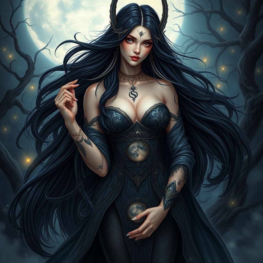 An enchanting and powerful depiction of Lilith, the dark goddess, surrounded by a mystical and shadowy environment