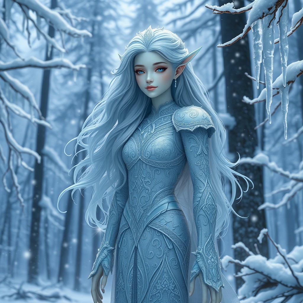 A stunning winter Eladrin figure, adorned in intricate, ethereal clothing that reflects the beauty of ice and snow