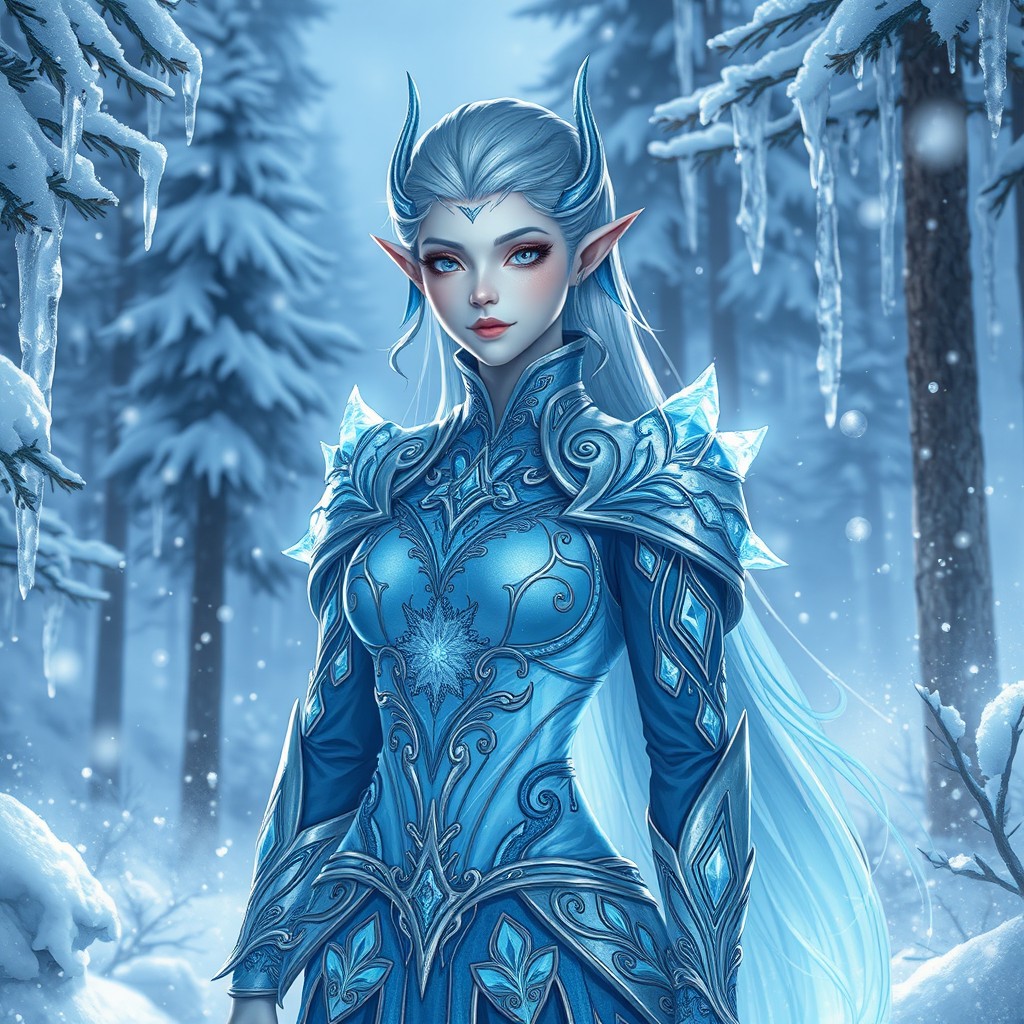 An elegant Éladrin character representing the Winter season