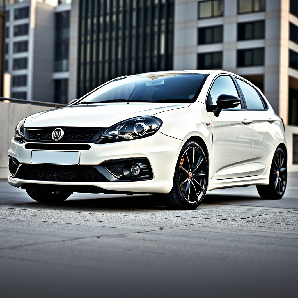 A white Fiat Stilo with striking black details, showcasing its sporty and elegant design