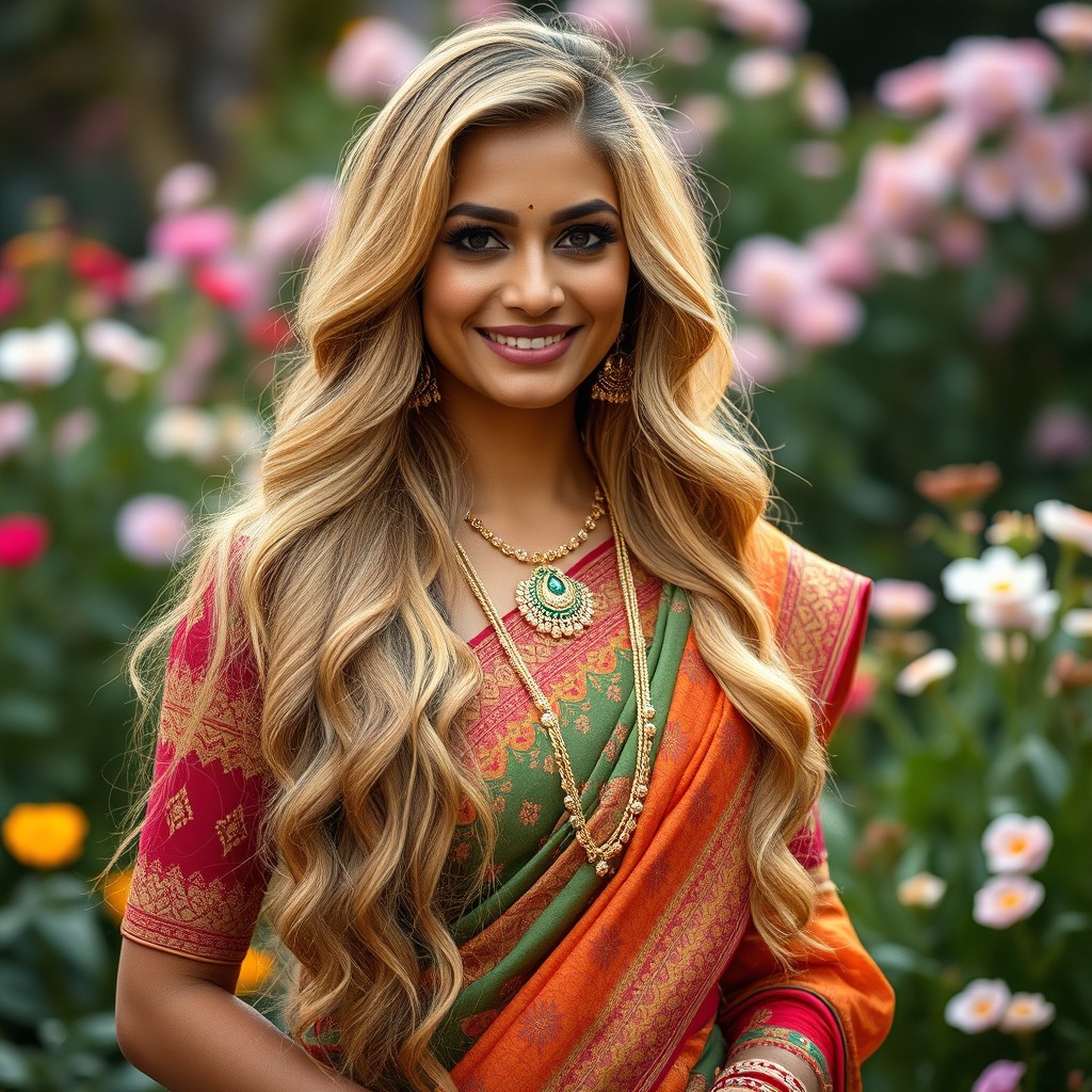 A stunning portrait of an Indian woman sporting long, golden blonde hair, exuding confidence and charm