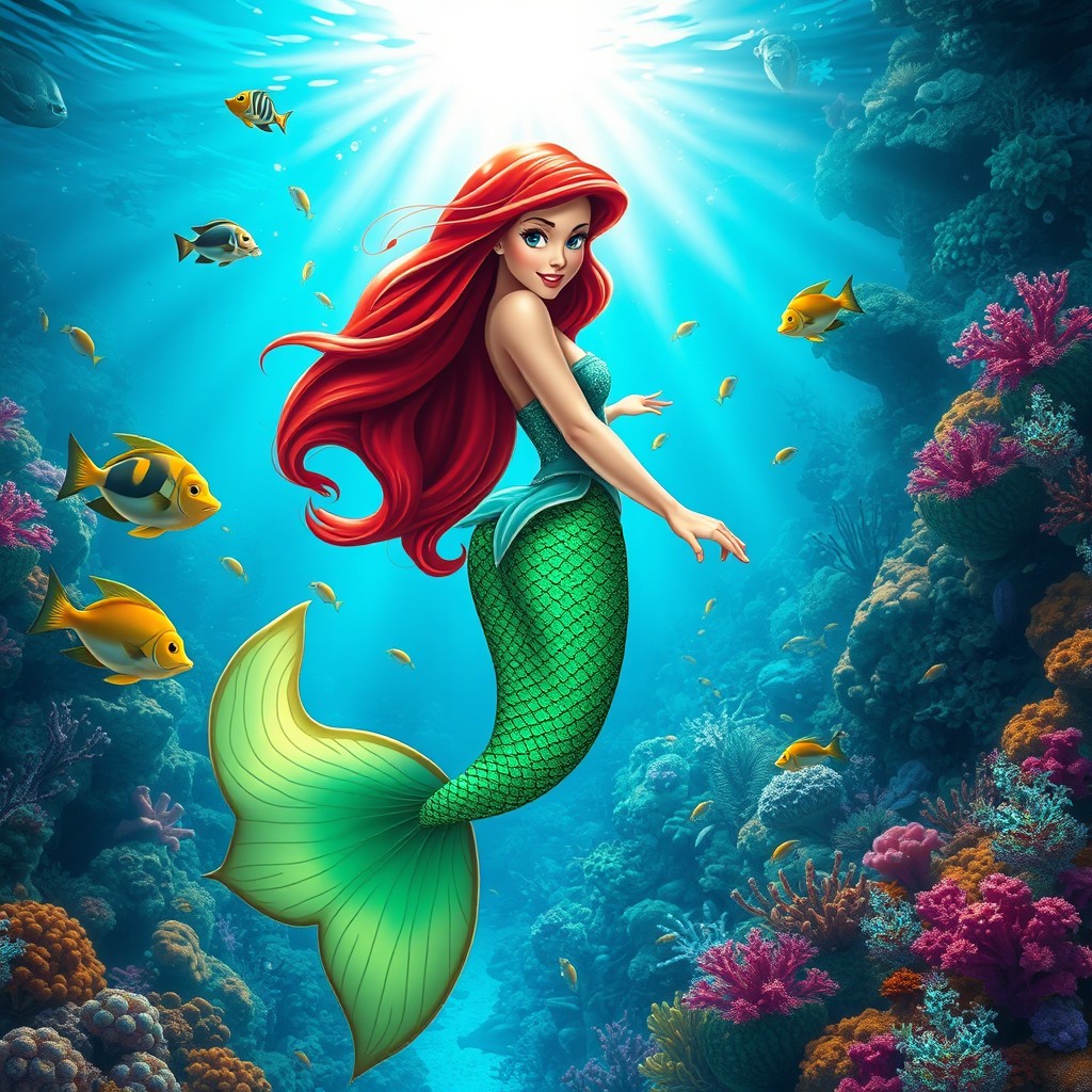 A vibrant underwater scene featuring a beautiful and enchanting mermaid reminiscent of Ariel from The Little Mermaid