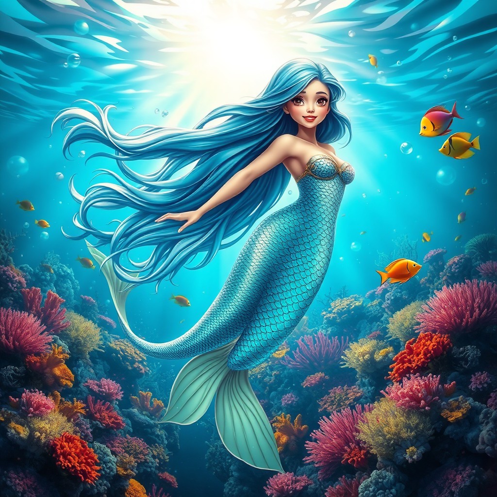 A stunning underwater scene featuring a beautiful mermaid with flowing, iridescent hair, shimmering scales in shades of blue and green, gracefully swimming among vibrant coral reefs