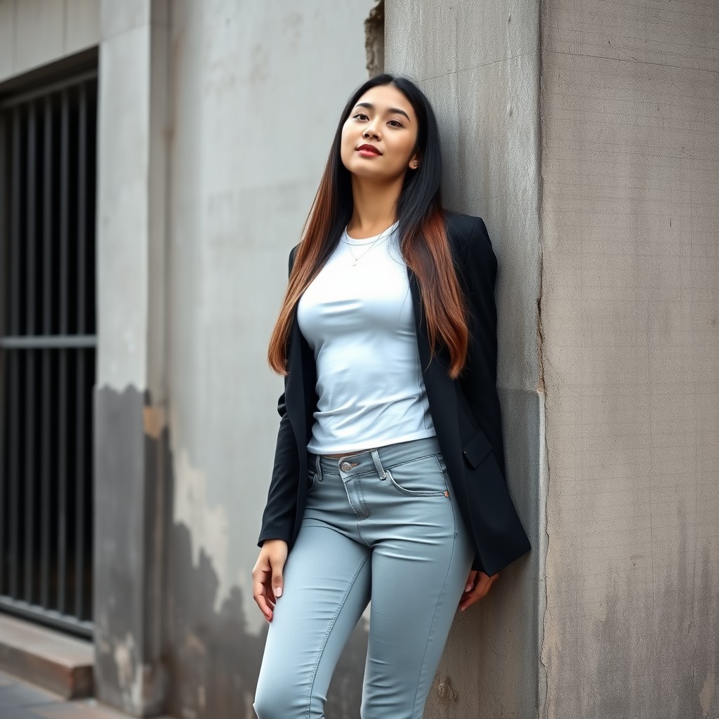 A beautiful Indonesian woman with a pointed nose, thin lips, and slender cheeks, featuring smooth white skin