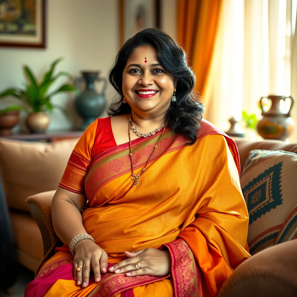 A mature Indian woman with a curvy body, dressed in traditional Indian attire with vibrant colors