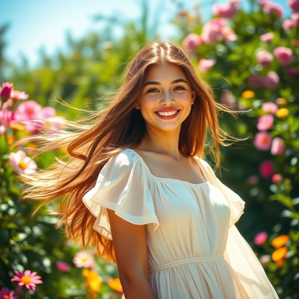 A captivating young woman with long flowing hair, standing in a sunlit garden filled with vibrant flowers and lush greenery