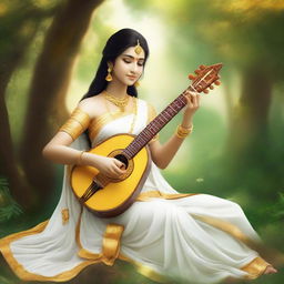 Goddess Saraswati, revered as the deity of knowledge and wisdom, seated tranquilly amidst a lush, serene forest, draped in a white sari with golden trim, holding a veena. She is bathed in soft diffused sunlight filtering through the dense tree canopy.