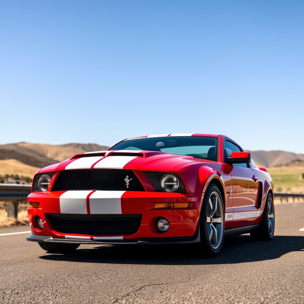 A stunning 2008 Ford Mustang GT500 parked on a scenic highway, showcasing its muscular design and iconic front grille