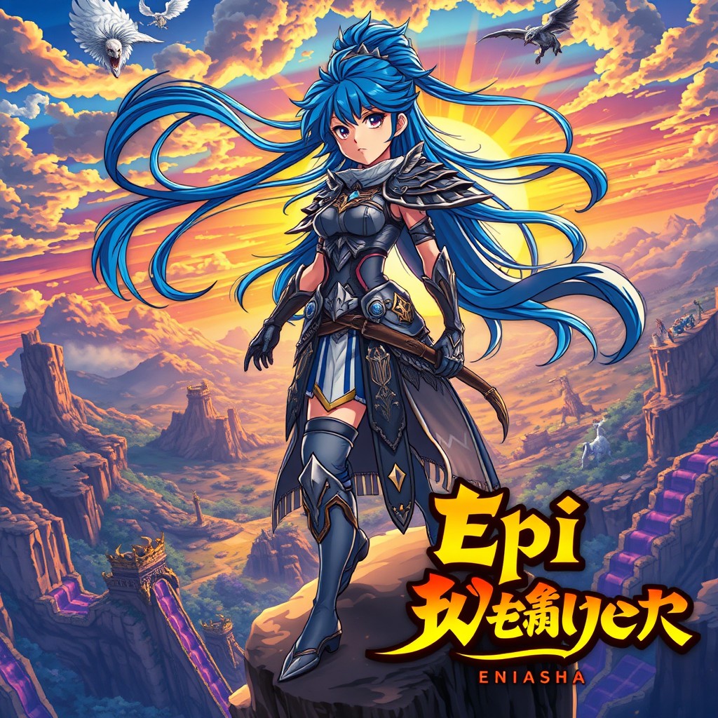 A vibrant and captivating anime poster featuring a fierce female warrior with flowing blue hair, wearing intricate armor and a flowing cape
