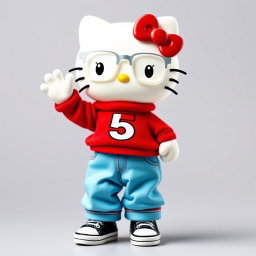 Hello Kitty, cutely waving with a friendly expression, dressed in light blue baggy jeans and a bright red sweater