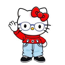 Hello Kitty, cutely waving with a friendly expression, dressed in light blue baggy jeans and a bright red sweater