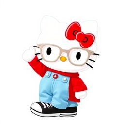 Hello Kitty, cutely waving with a friendly expression, dressed in light blue baggy jeans and a bright red sweater
