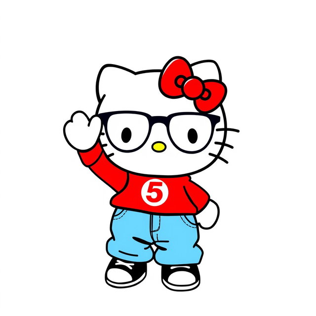 Hello Kitty, cutely waving with a friendly expression, dressed in light blue baggy jeans and a bright red sweater