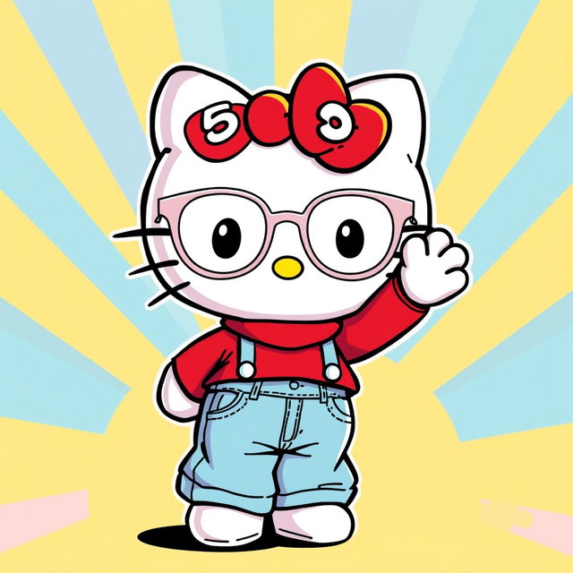 A Comic style illustration of Hello Kitty, featured as a character wearing light blue baggy jeans, clear glasses, and a red sweater