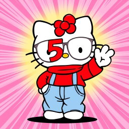 A Comic style illustration of Hello Kitty, featured as a character wearing light blue baggy jeans, clear glasses, and a red sweater