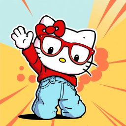 A Comic style illustration of Hello Kitty, featured as a character wearing light blue baggy jeans, clear glasses, and a red sweater