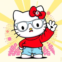A Comic style illustration of Hello Kitty, featured as a character wearing light blue baggy jeans, clear glasses, and a red sweater