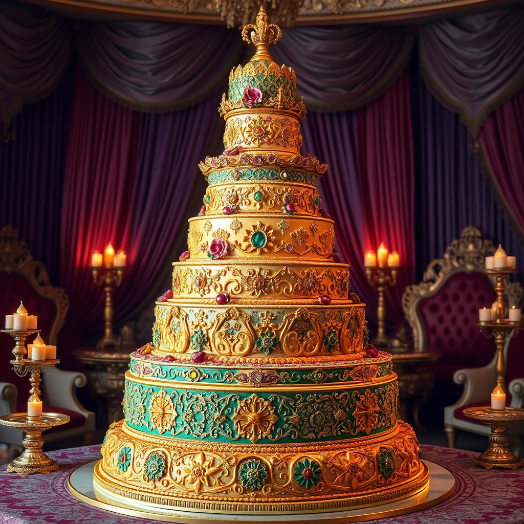 A magnificent and ornate Sultan's cake, elaborately decorated with intricate patterns and vibrant colors