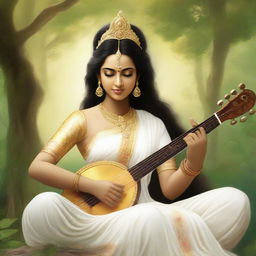 Goddess Saraswati, revered as the deity of knowledge and wisdom, seated tranquilly amidst a lush, serene forest, draped in a white sari with golden trim, holding a veena. She is bathed in soft diffused sunlight filtering through the dense tree canopy.