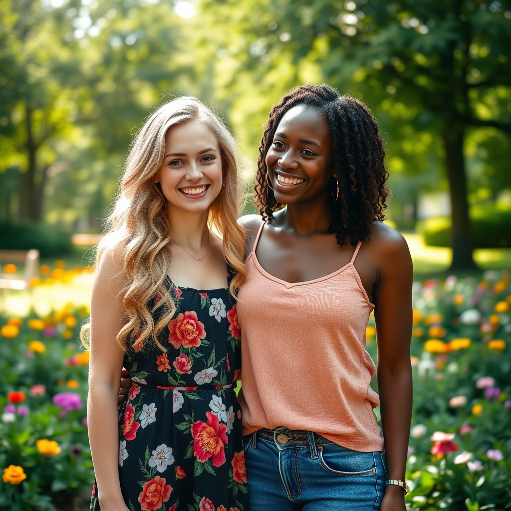 A beautiful portrait of a white girl and a black woman standing side by side, both smiling warmly at each other, showcasing their friendship