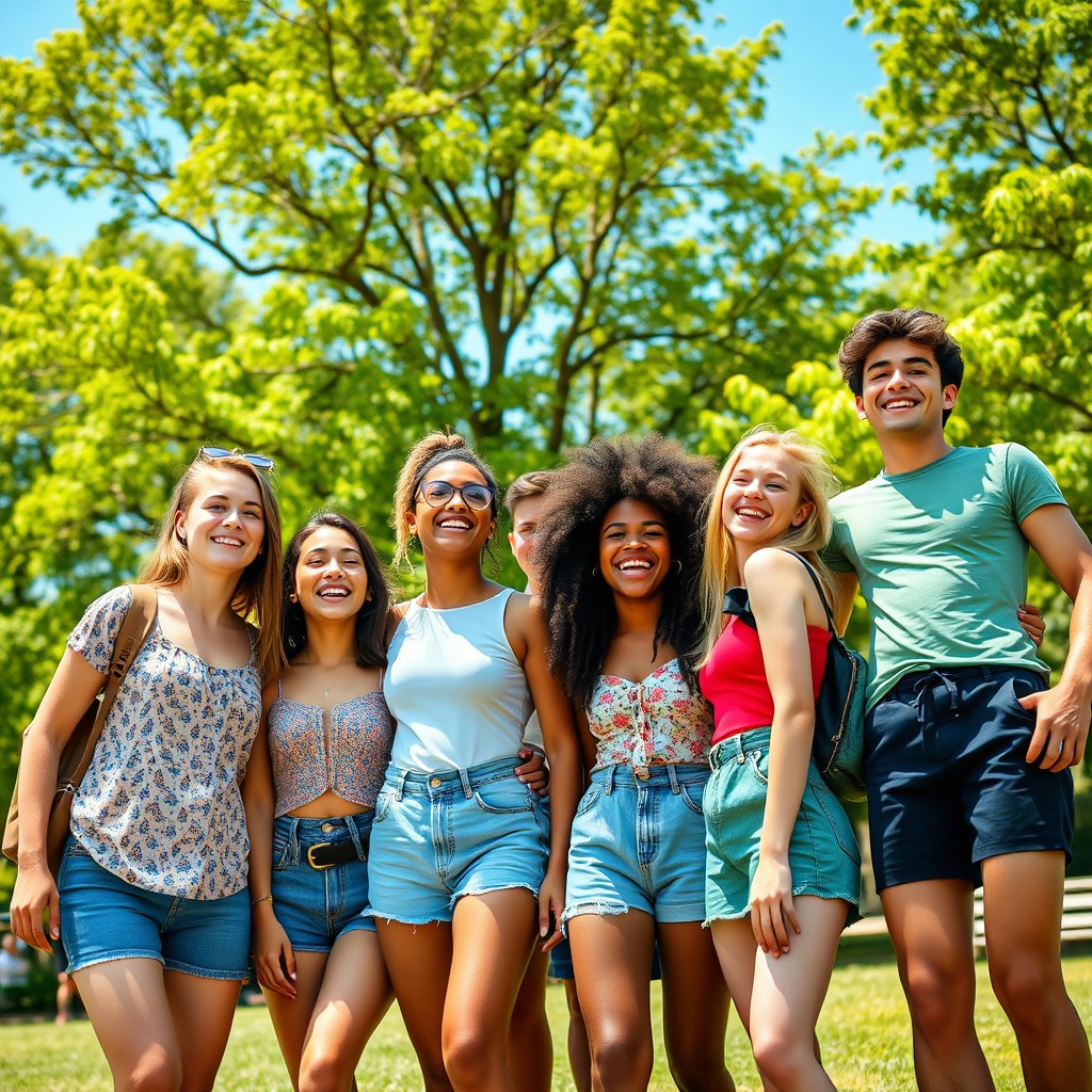 A vibrant and uplifting scene of a diverse group of teenagers enjoying a sunny day at a park together, showcasing varied ethnic backgrounds, with joyful expressions, wearing trendy summer outfits