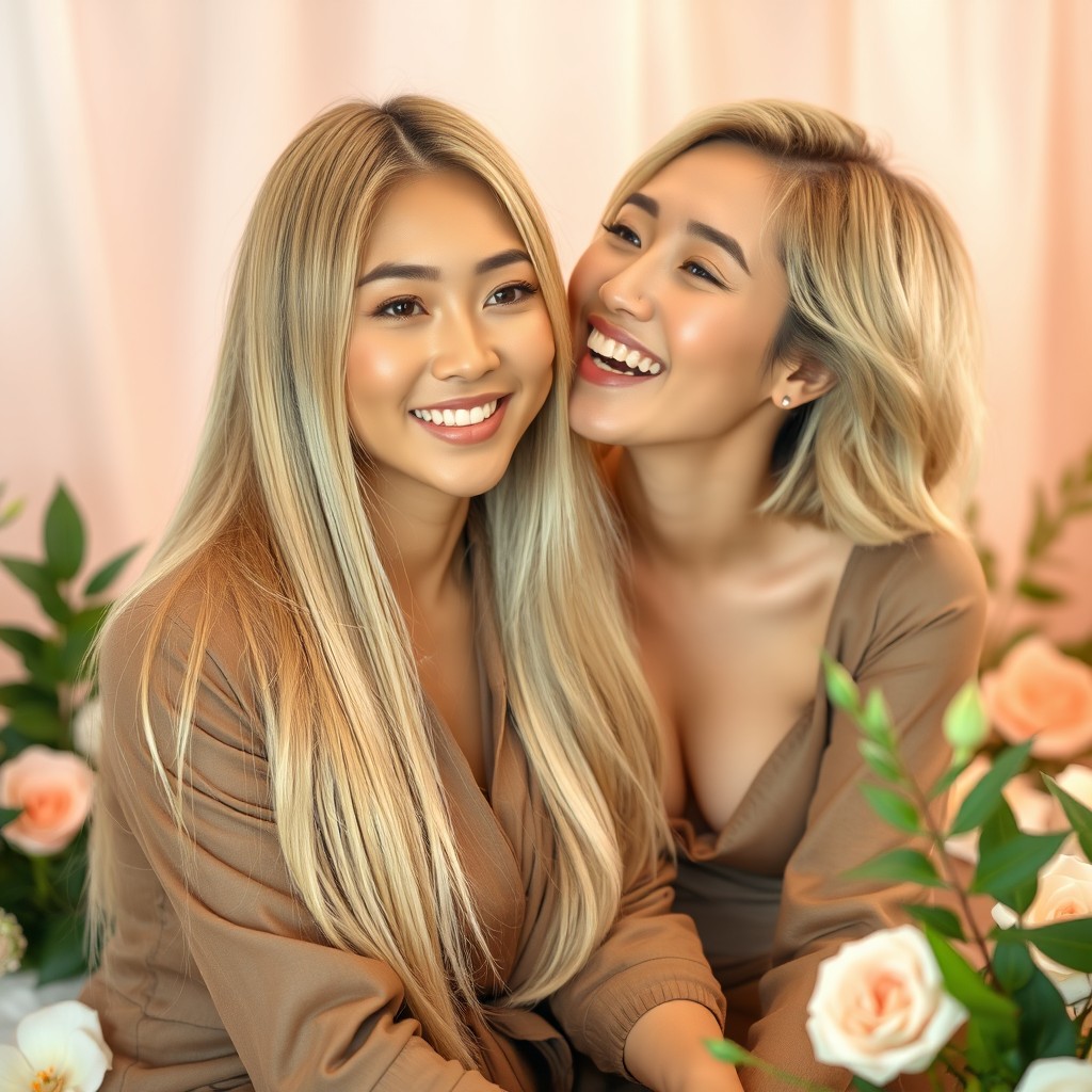 A beautiful Asian woman with long, silky blonde hair, wearing a stylish outfit
