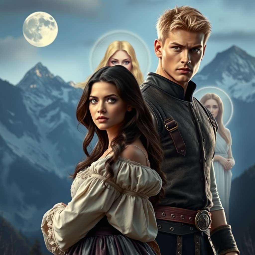 A beautiful brunette woman in a medieval dress stands opposite a tall, muscular blonde man with striking yellow eyes, wearing a doublet