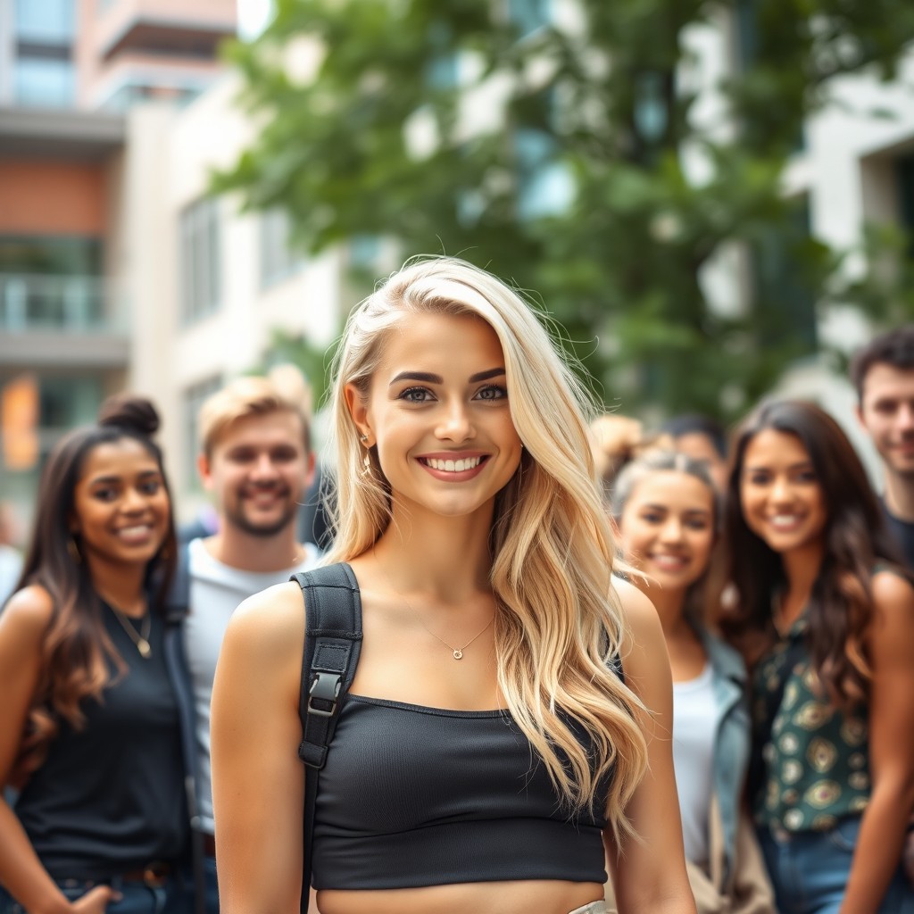 A stunning blonde woman with a captivating smile, showcasing her beauty and confidence