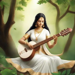 Goddess Saraswati, revered as the deity of knowledge and wisdom, seated tranquilly amidst a lush, serene forest, draped in a white sari with golden trim, holding a veena. She is bathed in soft diffused sunlight filtering through the dense tree canopy.