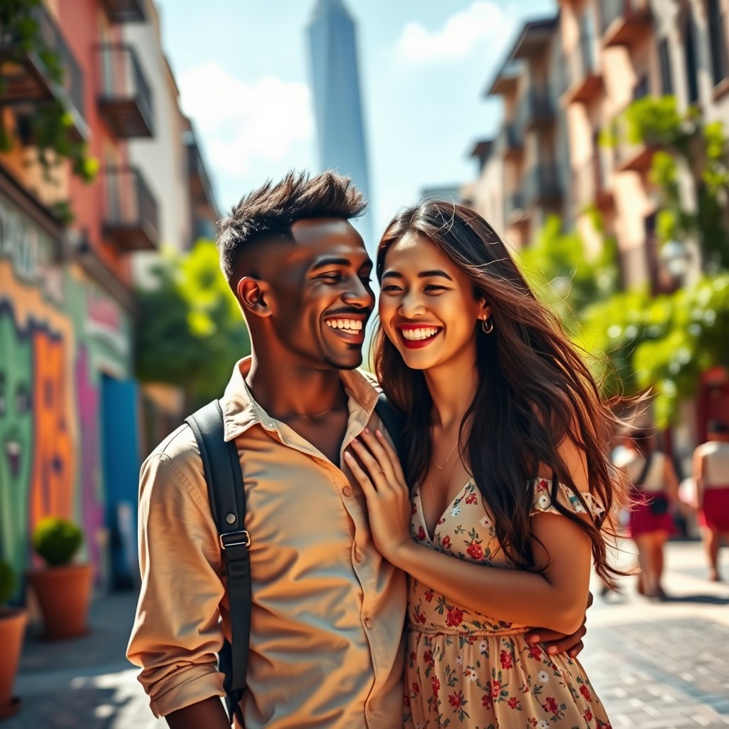 A captivating, artistic representation of an interracial couple in a lively urban setting