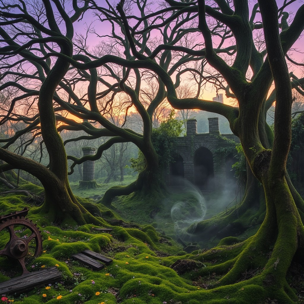 An enchanted, abandoned forest at twilight, where overgrown trees twist and turn, their branches forming intricate patterns against a softly glowing purple and orange sky