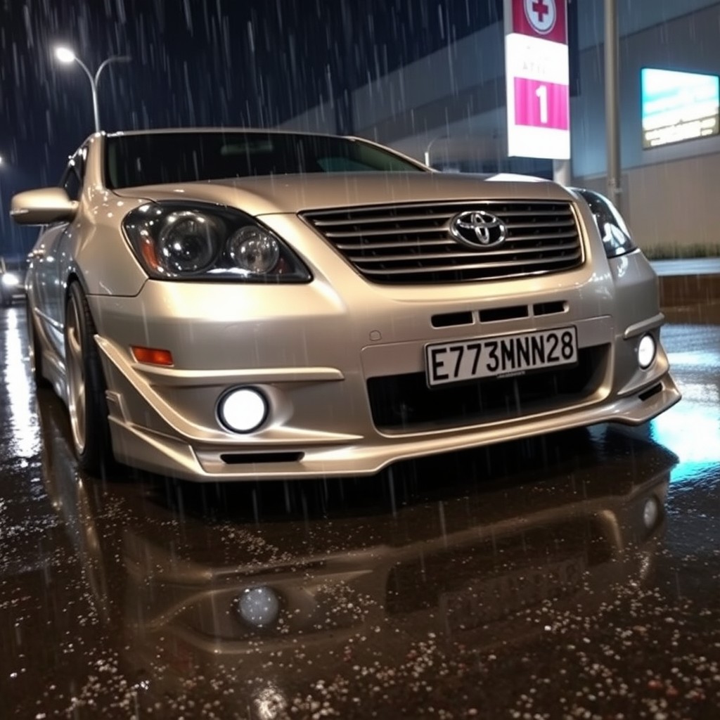 A silver 2006 Toyota Allion modified with an aftermarket body kit, captured at night under rainy conditions