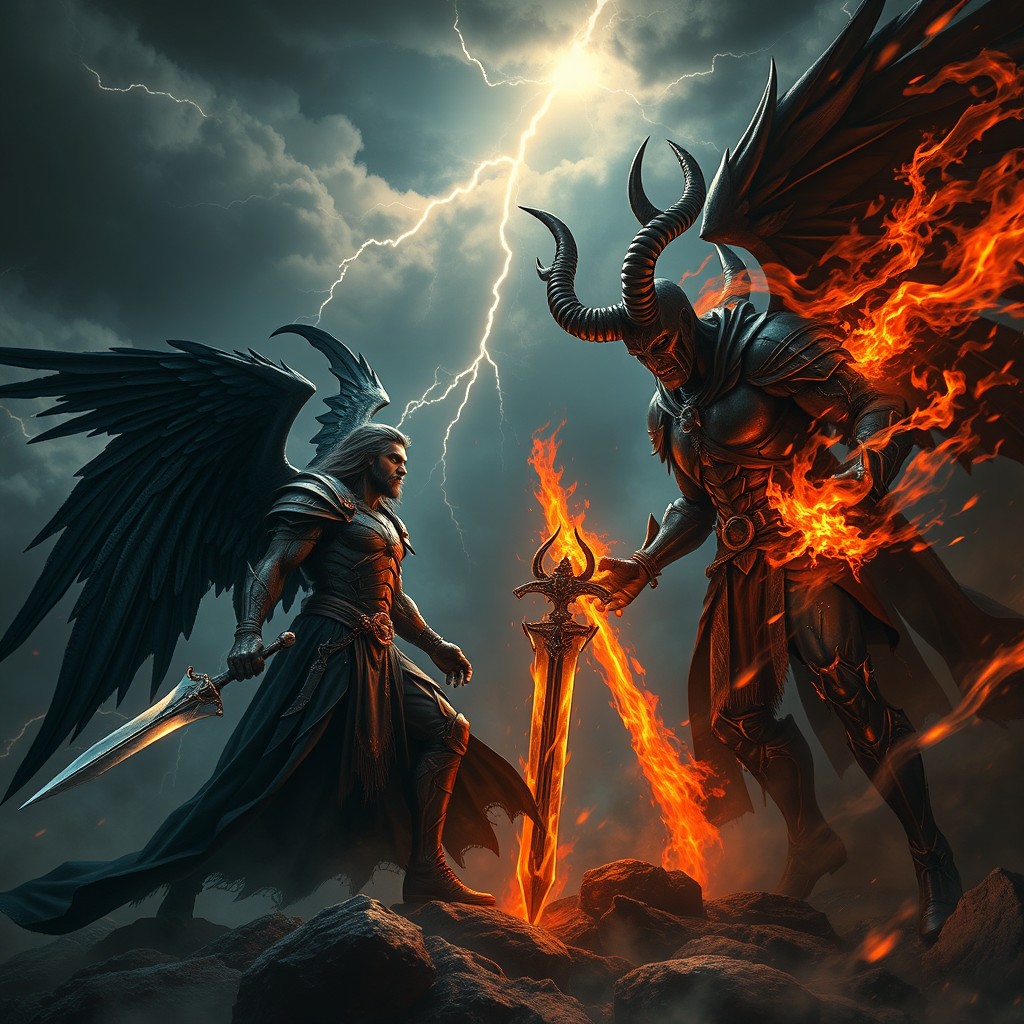 A dramatic showdown between Samael and Satan in a dark, mystical realm, illuminated by eerie, otherworldly light